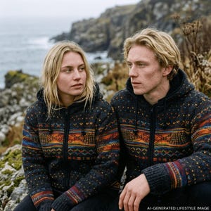 Handmade Wool Hoodie Jacket – Fleece Lined, Fair Isle Pattern, Unisex Outdoor Wear