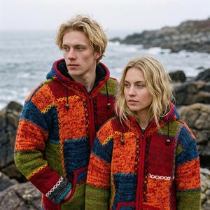 May include: Two hooded zip-up jackets featuring a multi-colored patchwork knit design in shades of red, orange, blue, and green. The garments include black trim along the front zipper, drawstrings with wooden beads, and visible cross-stitch detailing.