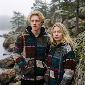 May include: Two zip-up hooded jackets featuring a patchwork design of dark gray, charcoal, and black knit fabric. The garments are accented with vibrant horizontal and cross-stitched lines in shades of blue, orange, yellow, and pink, with black drawstrings.
