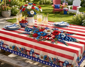 4. Juli Vateristische Tischdecke Amerikanische Flagge Blumendruck Rechteck Tischdecke Party Decor