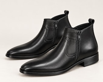 Bottines noires pour homme en cuir, bout pointu, fermeture éclair latérale, chaussures habillées