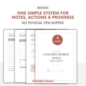 Op de afbeelding: Een digitale documentenset getiteld ROSYRICH ONE SIMPLE SYSTEM FOR NOTES, ACTIONS & PROGRESS. Het bevat vier pagina's met coachingsessie-notities met secties voor klantvoortgang, afgesproken acties en sessiedetails, inclusief een rode cirkel met 4 PAGES.