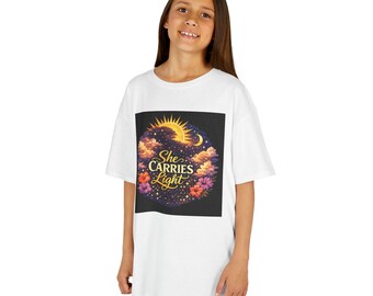 She Carries Light kids T-Shirt | Sun Moon Floral Illustration