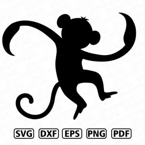 Può includere: Una sagoma nera di una scimmia con una lunga coda arricciata, raffigurata in una posa dinamica di salto con le braccia tese. Sotto la scimmia, il testo recita SVG, DXF, EPS, PNG e PDF, ciascuno racchiuso in un riquadro rettangolare.