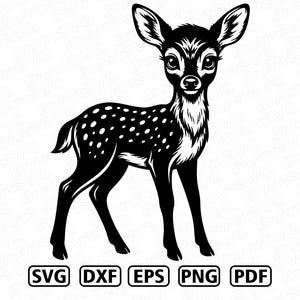May include: A black and white graphic illustration of a young deer with large eyes and spots on its back. Below the deer, five rectangular boxes contain the text SVG, DXF, EPS, PNG, and PDF, indicating the available digital file formats.