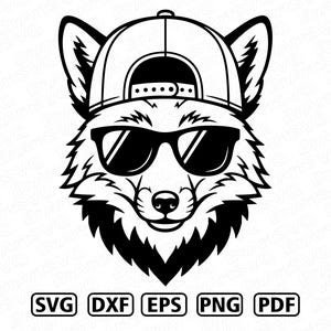Puede incluir: Una ilustración gráfica en blanco y negro de una cabeza de zorro con gorra de béisbol y gafas de sol. Debajo de la cabeza del zorro hay cinco cajas rectangulares que contienen el texto SVG, DXF, EPS, PNG y PDF, indicando los formatos.