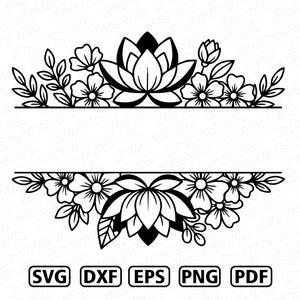 Pode incluir: Um gráfico digital em preto e branco apresentando um design floral dividido com uma flor de lótus central ladeada por flores menores e folhas. Abaixo do design, o texto SVG, DXF, EPS, PNG e PDF é exibido em cinco caixas retangulares.