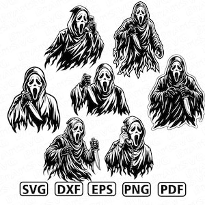 May include: A collection of seven black and white graphic illustrations featuring a hooded figure with a ghost mask, depicted holding either a knife or a telephone. Below the illustrations, the text SVG, DXF, EPS, PNG, and PDF is displayed.