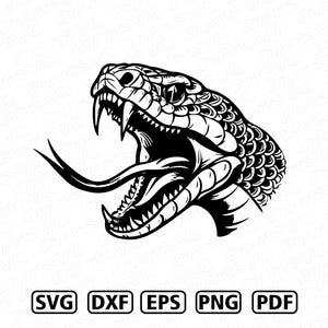 May include: A black and white graphic illustration of a snake head with an open mouth, visible fangs, and a forked tongue. The design features detailed scales and is accompanied by the text labels SVG, DXF, EPS, PNG, and PDF at the bottom.