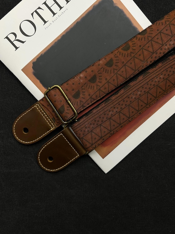Guitar Strap, Hippie Tribal Pattern, Personalized Italian Leather Ends, Boho Bass Strap, Guitarist Gift
