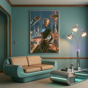 Könnte beinhalten: Ein gerahmter Wandkunstdruck, der eine lächelnde Person in einem schwarzen Anzug vor einer futuristischen Skyline zeigt. Das Kunstwerk befindet sich in einem Raum mit einem türkisfarbenen Sofa, einem Couchtisch aus Metall und einer dreiflammigen Stehlampe.