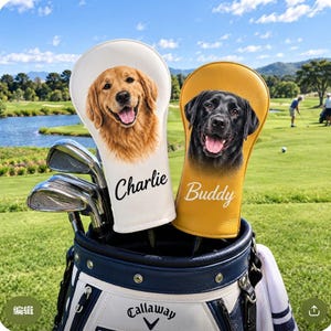 Könnte beinhalten: Zwei Golfschlägerhauben in einer Golftasche. Eine weiße Haube zeigt das Porträt eines Golden Retrievers und den Namen Charlie. Eine senfgelbe Haube zeigt das Porträt eines schwarzen Labradors und den Namen Buddy. Beide haben eine glatte Lederoptik.