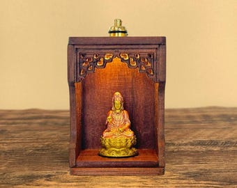 Hand-Painted Copper Guanyin Shrine, Walnut Wood Altar, Warm LED Light, Meditation Decor