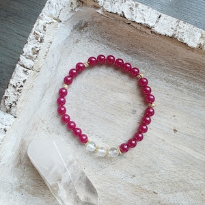 Raspberry Ruby Clear Quartz Bracelet | 18k Gold Filled Spacers, July Birthstone, Healing Crystal
