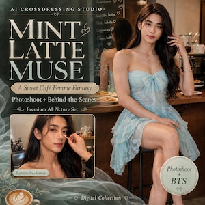 Op de afbeelding: Een digitale collectie getiteld Mint Latte Muse met een strapless mintgroene kanten jurk met een strik aan de voorzijde. De set bevat een fotoshoot en behind-the-scenes beelden van een persoon met lang donker haar als premium AI-set.