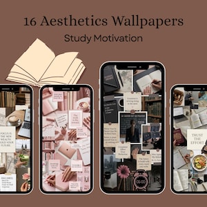 Könnte beinhalten: Eine digitale Sammlung von 16 ästhetischen Hintergrundbildern mit dem Titel Study Motivation, angezeigt auf vier Smartphone-Bildschirmen. Die Bilder zeigen Collagen aus Büchern, Schreibwaren, Kaffee und Zitaten auf braunem Grund.