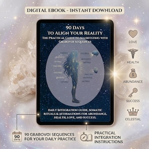 Peut inclure: Un livre numérique intitulé 90 Days to Align Your Reality: The Practical Guide to Manifesting with Grabovoi Sequences. La couverture présente une silhouette humaine, des séquences numériques et du texte sur l'intégration quotidienne, les rituels.