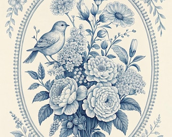 Blue Toile Botanical Print, Chinoiserie Bird Floral Art (Digital Download)