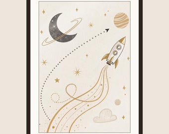 Rocket Line Art Print, Celestial Boho Nursery Decor (Digital Download)