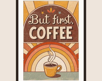 Retro Coffee Bar Art, 70s Sunburst Typography Print, Midcentury Cafe Decor (Digital Download)