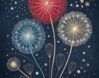 Abstract Firework Floral Print, Navy Gold Patriotic Wall Art (Digital Download)