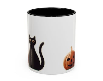 Retro Halloween Mug | Black Cat Pumpkin Coffee Cup | Spooky Season Gift