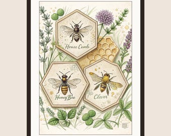 Set of 3 Honeybee Botanical Prints, Vintage Bee Wall Art, Cottagecore Kitchen Decor