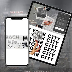 Op de afbeelding: Een digitale vrijgezellenfeest Canva-sjabloon weergegeven op een smartphone en tablet. De schermen tonen afbeeldingen met de tekst BACH IN THE CITY, NYC en YORK CITY, een discobal, rode hoge hakken en een ingebouwd RSVP-formulier voor digitale download.