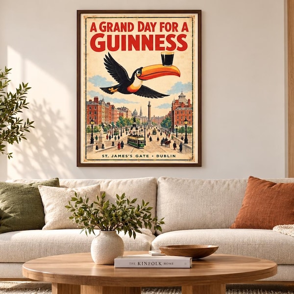 Guinness Toucan Poster, Vintage Inspired Dublin Beer Wall Art, Retro Irish Pub Print, O’Connell Street Bar Decor