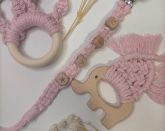 Handmade baby pacifier holder and teether set, pacifier can be personalized, cotton yarn and wood, Handmade