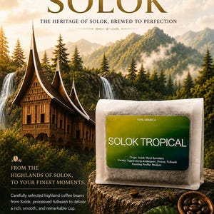 May include: A white coffee bag labelled Solok Tropical with text detailing 100% Arabica, origin, variety, and roasting profile. The bag sits on a textured stone surface next to a wooden scoop of roasted coffee beans and green coffee leaves.