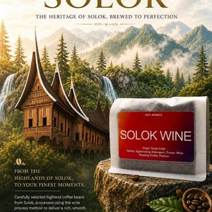 以下が含まれることがあります： Solok Wineと書かれたグラデーションラベル付きの100%アラビカコーヒー豆の白い袋。ラベルにはOrigin: South Solok, Variety: Sigararutang-Andungsari, Proces: Wine, Roasting Profile: Mediumと記載され、質感のある岩の上にコーヒー豆と共に置かれています。
