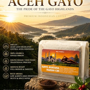 Peut inclure: Un sachet de café Aceh Gayo avec une étiquette illustrant une mosquée et une maison traditionnelle. Le texte indique 100% Arabica, Gayo Avatara Raisin CM, Origin: Pegasing, Central Aceh, Variety: Abyssinia, Catimor, Process: Carbonic Maceration Raisin.
