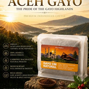 Puede incluir: Una bolsa de plástico transparente de café Aceh Gayo con una etiqueta naranja que muestra una mezquita y una casa tradicional. El texto dice 100% Arabica, Gayo CM Natural, Origin: Pegasing, Central Aceh, Variety: Abyssinia, Process: Carbonic Maceration.