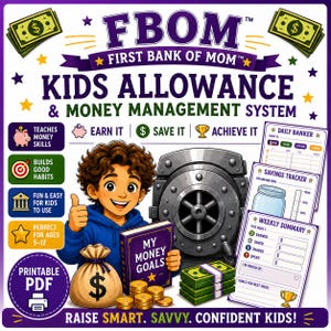 以下が含まれることがあります： FBOM First Bank of Momの子供向けお小遣い・金銭管理システムのデジタルグラフィック。漫画の子供、金庫、お金の袋、現金の束、そして金融スキルに関するテキストが記載された印刷可能なトラッキングシートが描かれています。