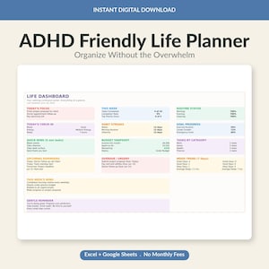 May include: A digital ADHD Friendly Life Planner template for Excel and Google Sheets. The dashboard features sections for Today's Focus, Habit Streaks, Budget Snapshot, Routine Status, Goal Progress, and Tasks by Category with pastel colour coding.