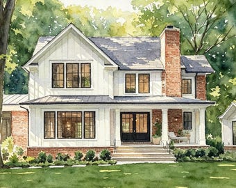 May include: A watercolor painting of a two-story white house with a brick chimney, dark window frames, and a front porch, surrounded by green trees and a lawn. A paintbrush rests on the left. Text reads: 100% hand-painted, Created with Daniel Smith professional watercolors for exceptional color longevity.