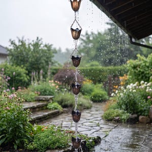 May include: A copper-coloured metal rain chain featuring a series of tulip-shaped cups connected by small links, suspended from a roof gutter. Water flows down through the cups into a round basin below during a rain shower in a garden setting.