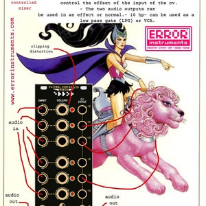 May include: A black and white illustration of a synthesizer module with the text "Vactrol Controlled Mixer" and "L.P.G."  The module has six audio inputs, two audio outputs, and a volume knob.  The module is connected to a pink lion with a woman riding on top.  The woman is wearing a purple cape and a pink and white outfit.  The text "Error Instruments" is in the upper right corner of the image.