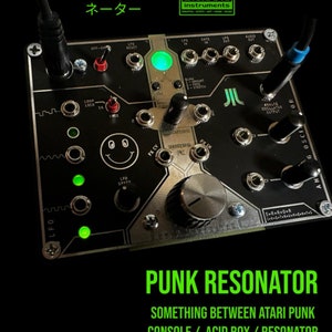 May include: A black and green electronic music synthesizer with the text "PUNK RESONATOR" and "SOMETHING BETWEEN ATARI PUNK CONSOLE / ACID BOX / RESONATOR" printed on the front. The synthesizer has a variety of knobs, buttons, and jacks.