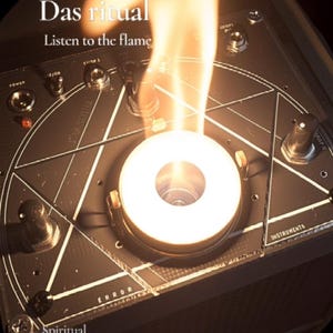 Puede incluir: Primer plano de un dispositivo negro con una llama brillante que emana de una abertura circular central. El texto "Das ritual" y "Listen to the flame" son visibles. El dispositivo tiene varios diales e interruptores, con un diseño de pentagrama.