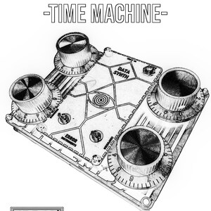 Puede incluir: Un dibujo en blanco y negro de un sintetizador con el texto "DATA SYNTH -TIME MACHINE- ERROR instruments EXPERIMENTAL DATA SOUND" en la parte delantera.
