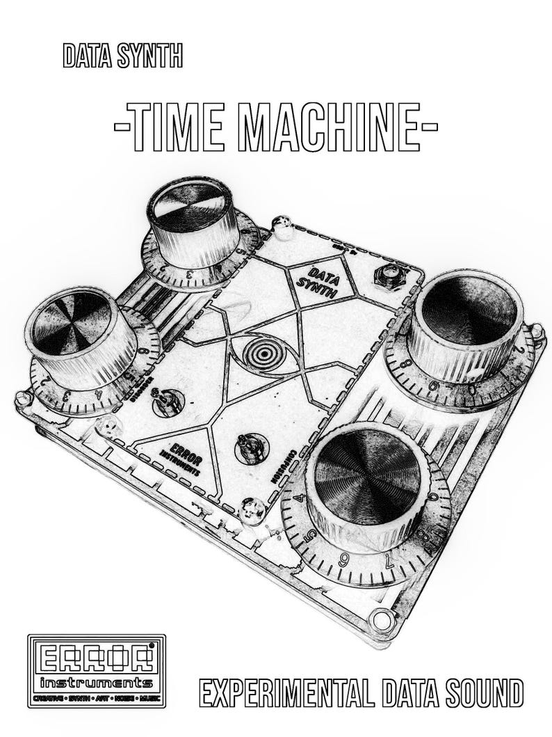 Puede incluir: Un dibujo en blanco y negro de un sintetizador con el texto "DATA SYNTH -TIME MACHINE- ERROR instruments EXPERIMENTAL DATA SOUND" en la parte delantera.