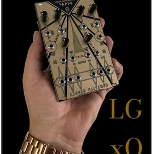 May include: A gold-colored electronic music module with the text "ERROR INSTRUMENTS" and "LIQUID GLITCHER" printed on it. The module has a black and gold design with knobs and jacks. The text "LG XO Error" is printed in gold on a black background.