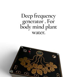 Puede incluir: Un dispositivo electrónico rectangular negro con la etiqueta Flower field, Deep frequency generator. For body mind plant water. La superficie superior presenta gráficos de tréboles dorados, un pequeño icono de arcoíris, un interruptor rojo y varios puertos de entrada circulares.