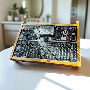 May include: A black and silver modular synthesizer with numerous knobs, switches, and ports, housed in a wooden frame. The text "IMAGINARY FRIEND" is visible. A clear cassette tape is mounted on the front panel. The synthesizer is on a white surface.