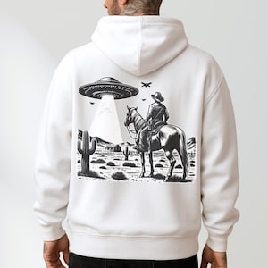 UFO Western Hoodie, Alien Graphic Hoodie, Vintage Cowboy Hoodie, Rodeo Hoodie, Wild West Hoodie, Space Hoodie, Oversized Hoodie, UFO Sweater