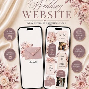 Op de afbeelding: Twee smartphones tonen een trouwwebsite-sjabloon met bloemaccenten, foto's en tekst waaronder "A R", "26 July 2026", "Arthur & Rose", "RSVP" en "Our Story". Het ontwerp heeft een mauve kleurenpalet met ronde iconen voor de functies.