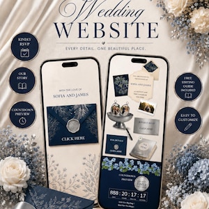 Navy Blue Silver Botanical Wedding Website Template: Old Money Web Invite (Digital Download)