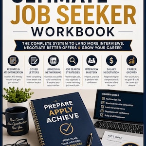 May include: A dark blue spiral-bound workbook titled PREPARE APPLY ACHIEVE with a gold checkmark icon. The cover features the text YOUR PLAN. YOUR ACTIONS. YOUR SUCCESS. A black pen, a mug, glasses, and a laptop displaying career goals are nearby.
